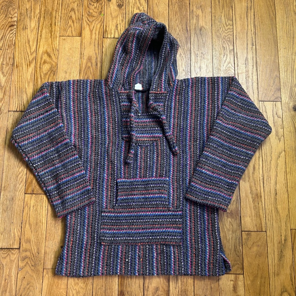 El Paso Saddleblanket Co Baja Hoodie Grey Multi Stripe Woven Drug Rug Small